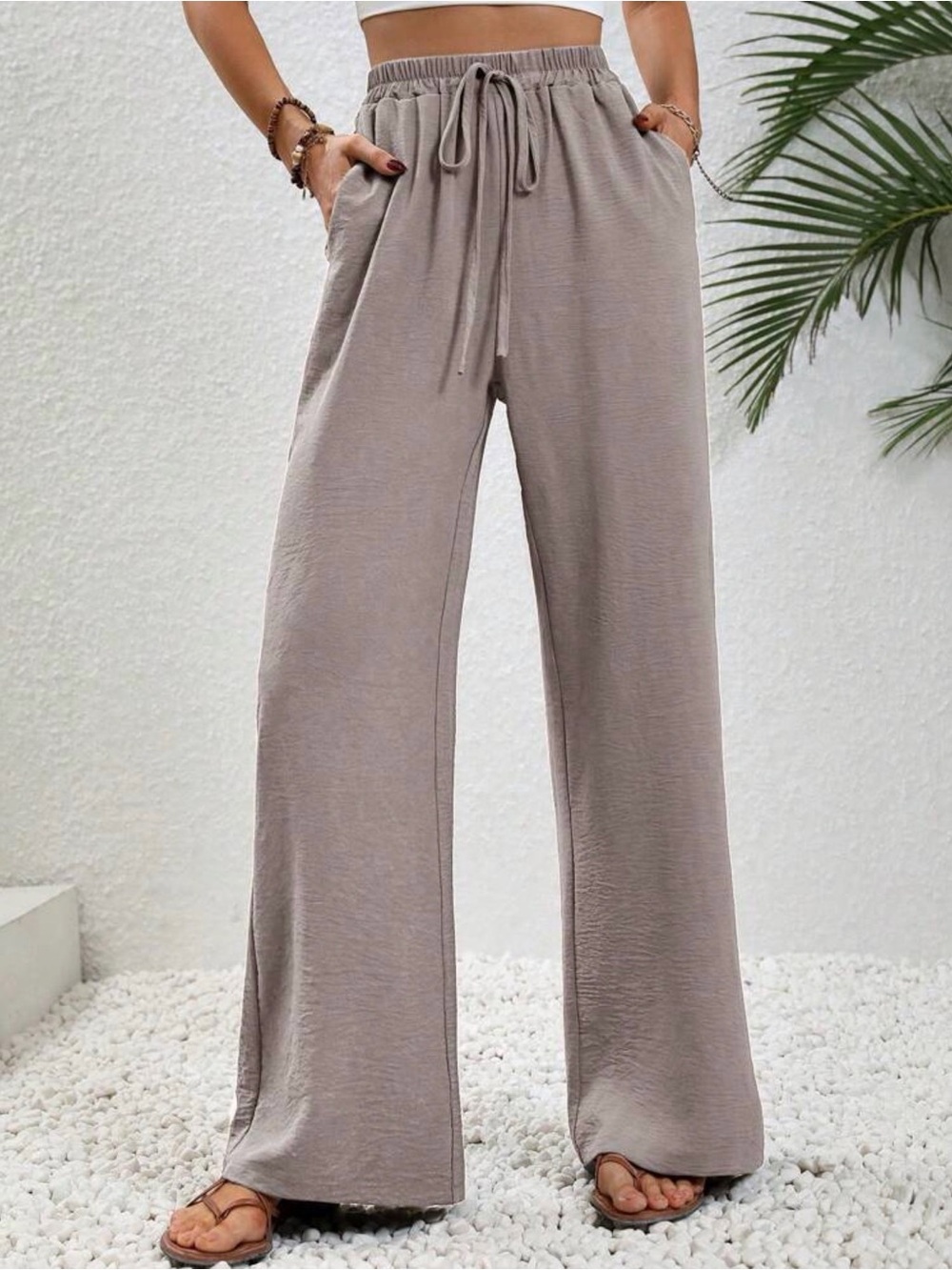 Wide-Leg Drawstring Pants in Taupe